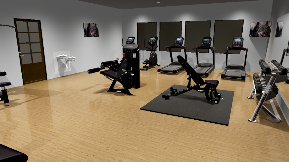 A 3D rendering of a fitness facility featuring treadmills, dumbbell racks, and strength training machines, arranged on a wooden floor with televisions on the walls.