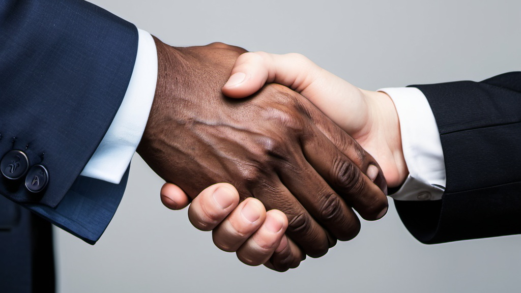 An image of two hands shaking, with both individuals wearing suits, suggesting a professional agreement.