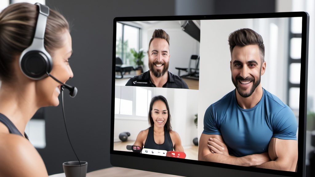A woman wearing a headset participates in a virtual video call on a computer. The screen displays three fitness professionals in separate windows, engaging in a conversation. The setup includes a modern desk with a laptop, external monitor, and webcam.