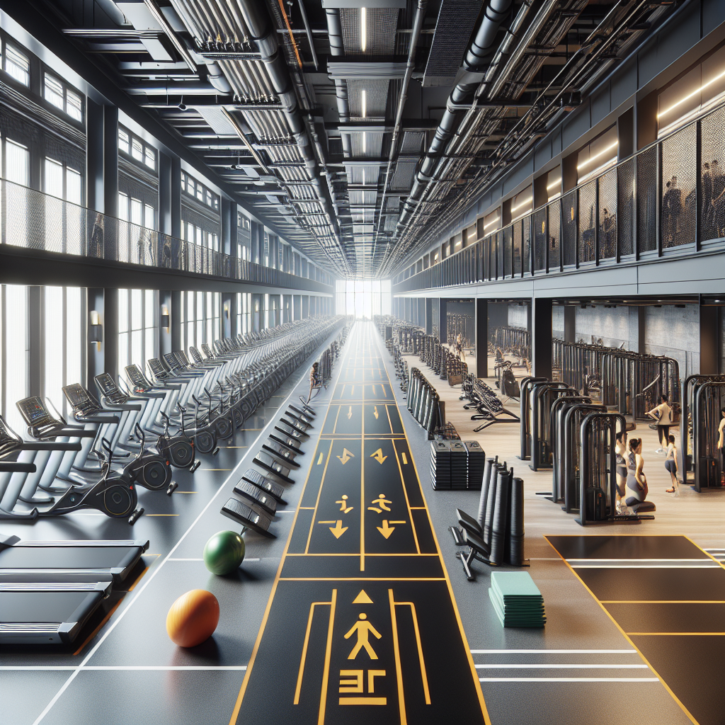 Wide, clear walkways inside a gym with gym equipment spaced properly, showing smooth traffic flow and safety, including visible emergency exits and uncluttered paths.