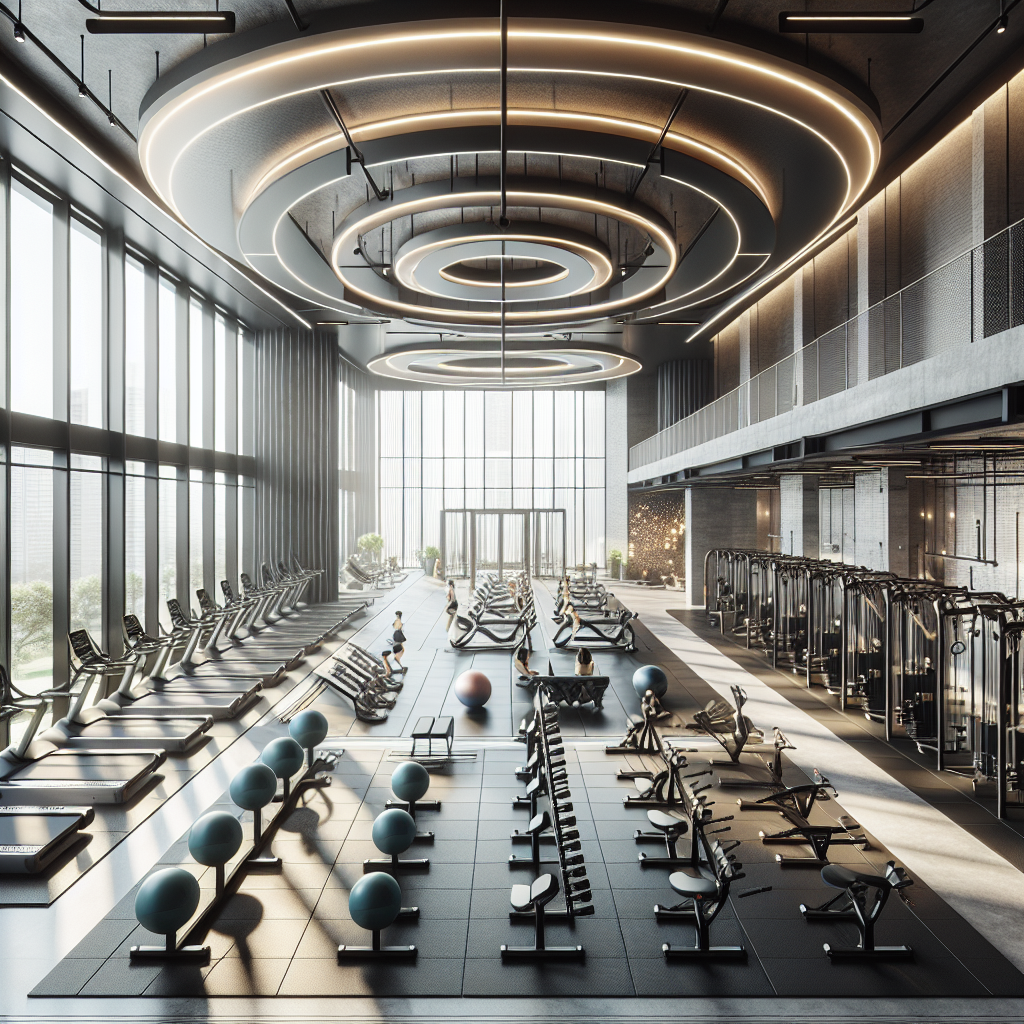 Different workout zones inside a gym: a bright cardio area near large windows, a spacious strength training zone with free weights and machines, and a calm yoga studio with natural lighting.