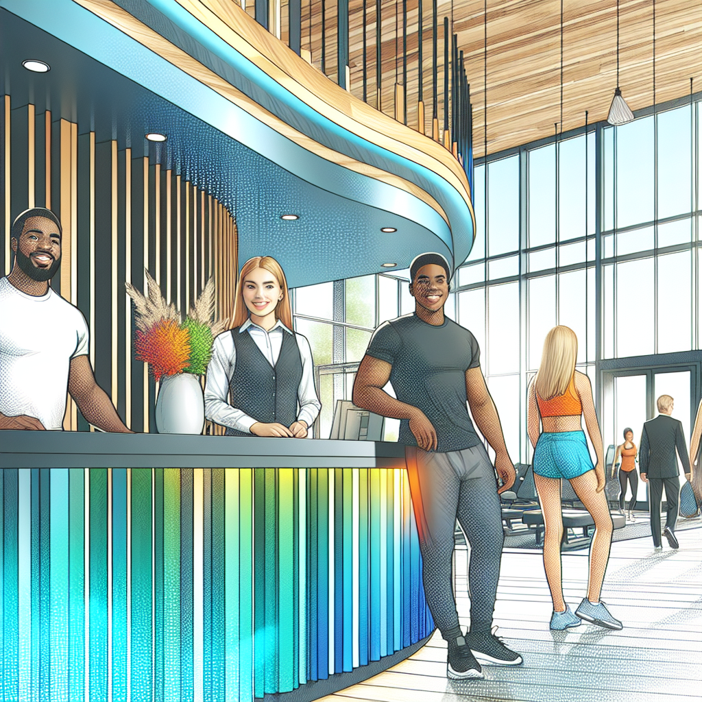 A vibrant and welcoming fitness center entrance and reception area with open space, friendly staff greeting members, and clear visibility of the gym floor.