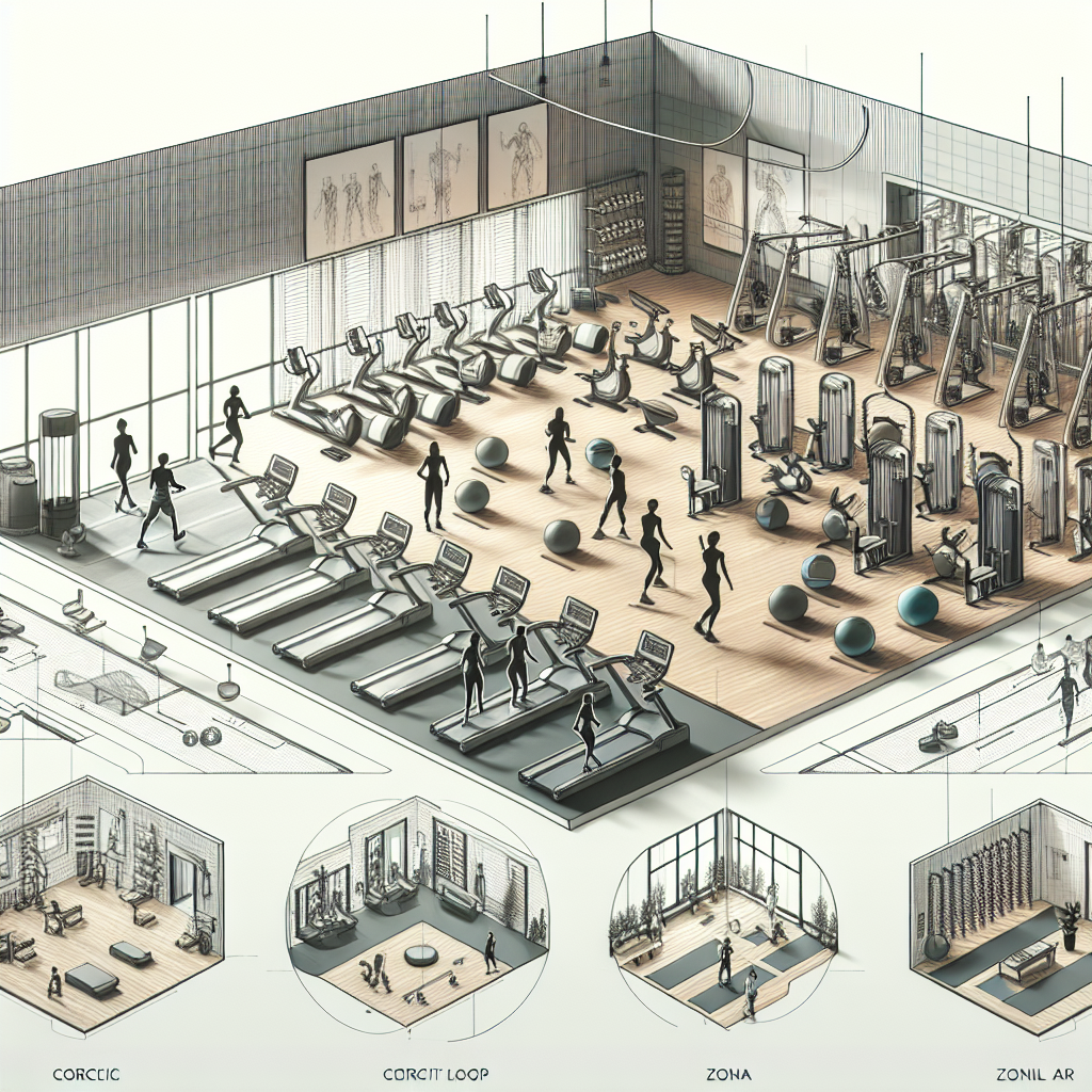 Various popular gym layout styles illustrated: a linear layout with rows of cardio machines by the window, a circuit loop with equipment for HIIT, zonal areas separated by workout types, and a boutique studio for yoga and Pilates classes.