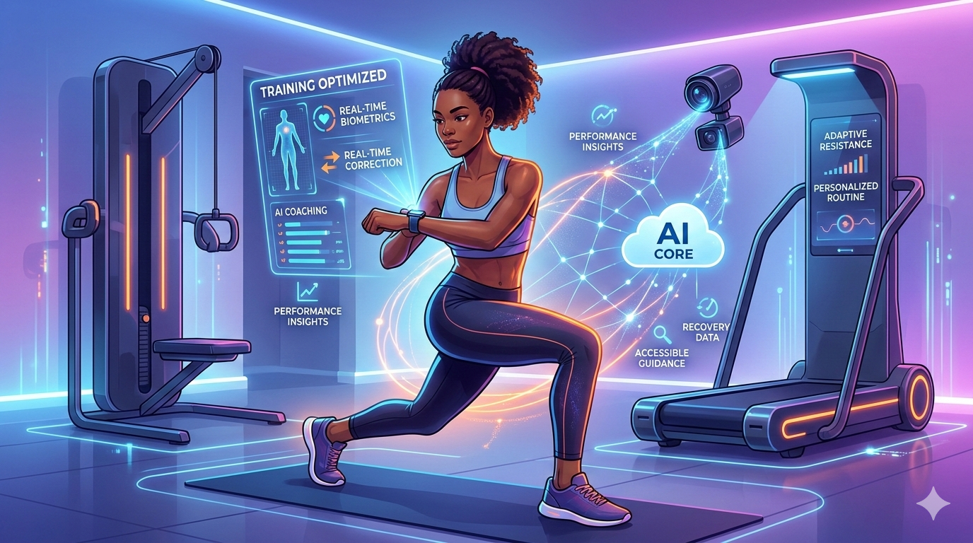 A woman performing a lunge in a futuristic smart gym with AI-powered holographic displays showing real-time biometric data, form correction, and performance insights.